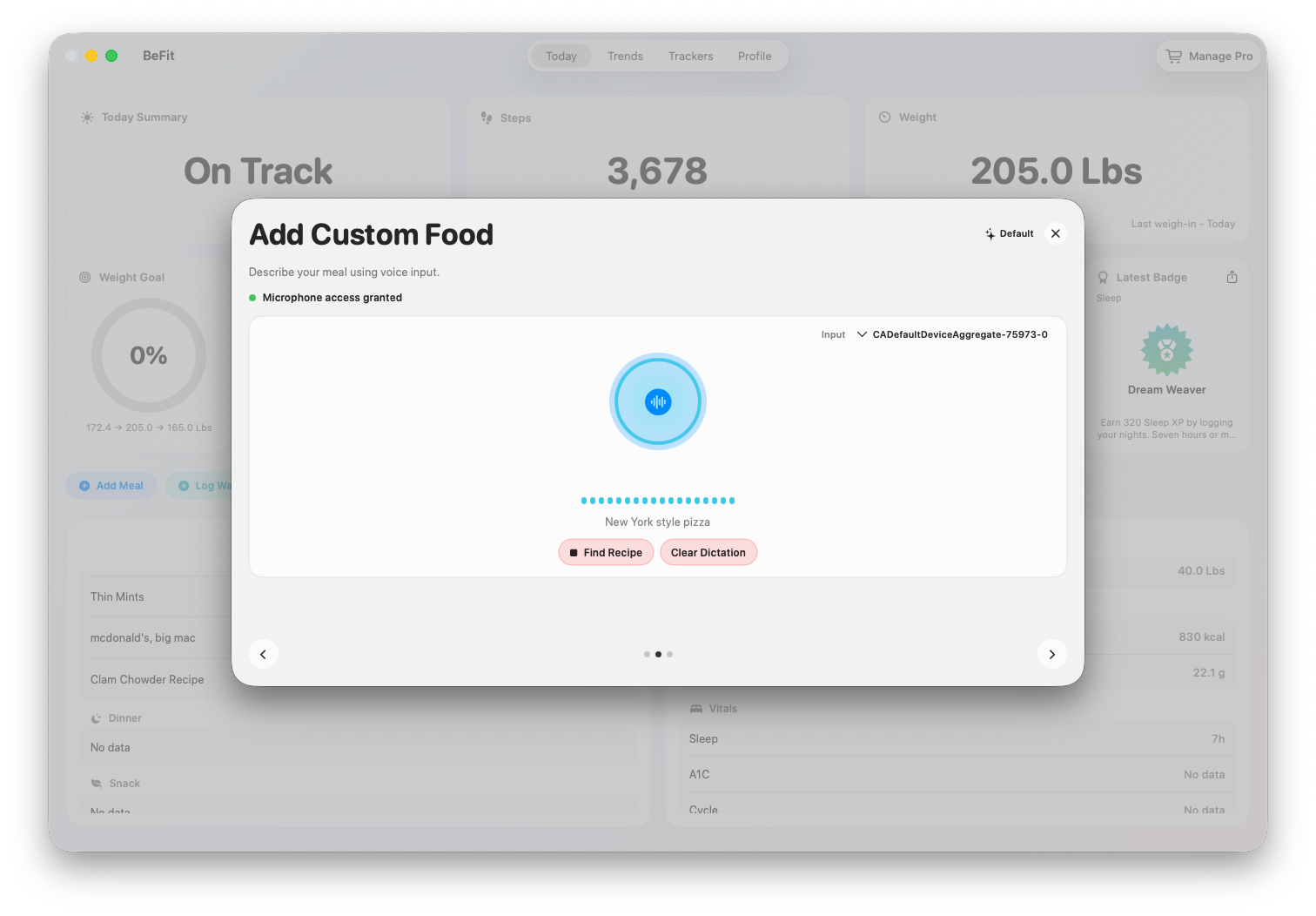 Dictated custom-food flow on Mac