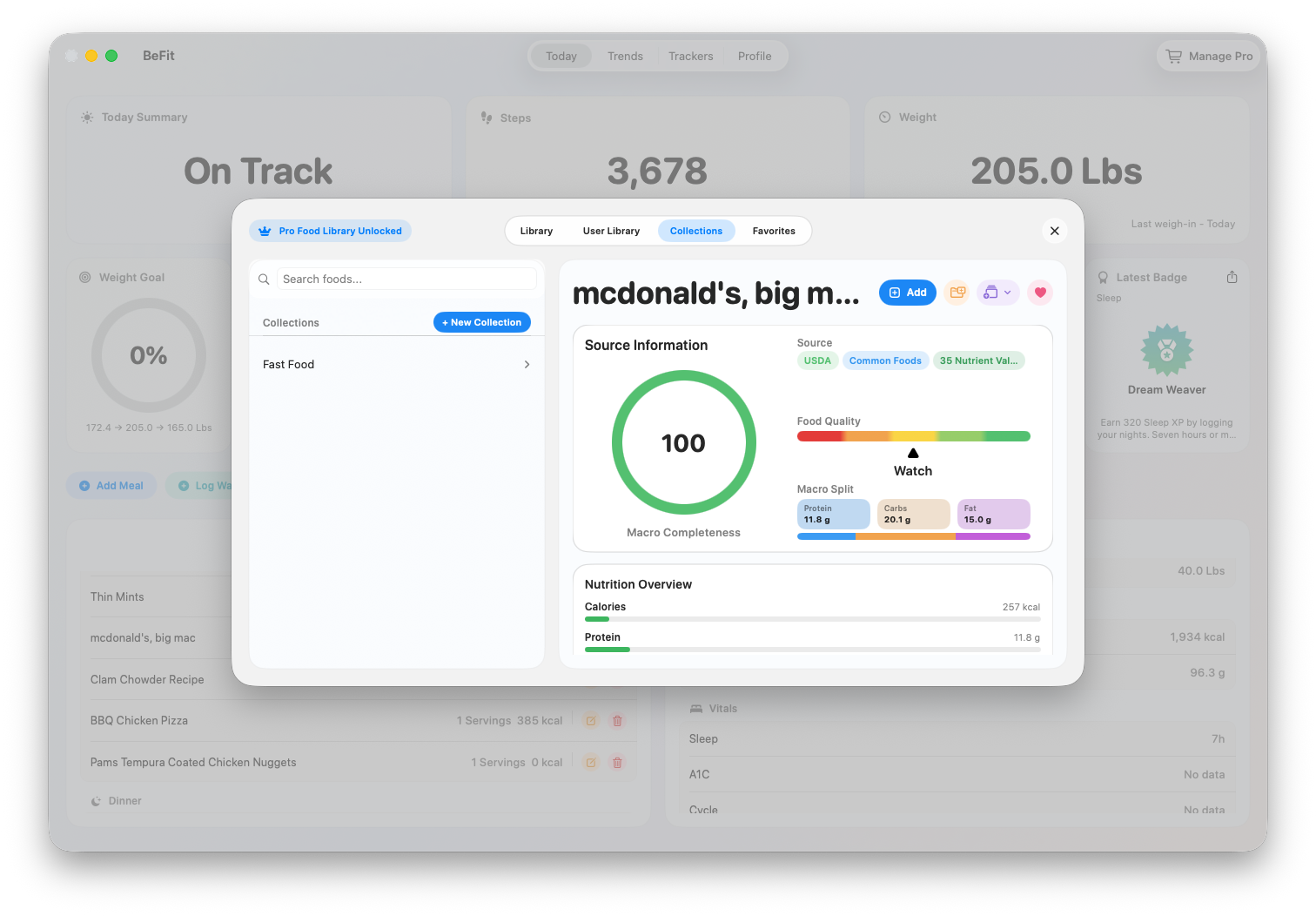 Food collections list on Mac
