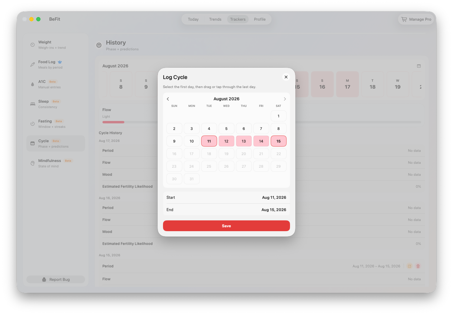 Completed cycle range selected on Mac