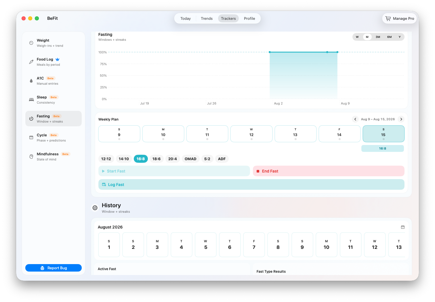 Fasting tracker actions, active state, weekly plan, and results on Mac