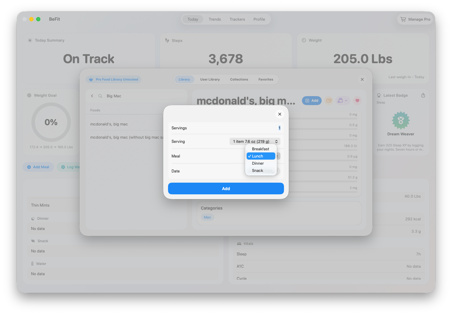 Assign a food to a collection on Mac