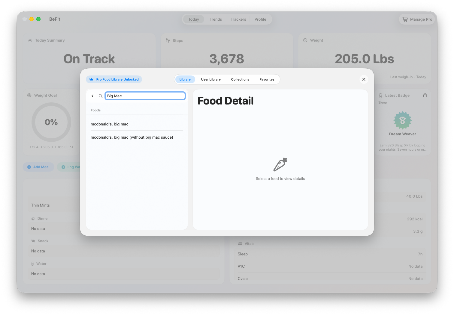 Food search and selection on Mac