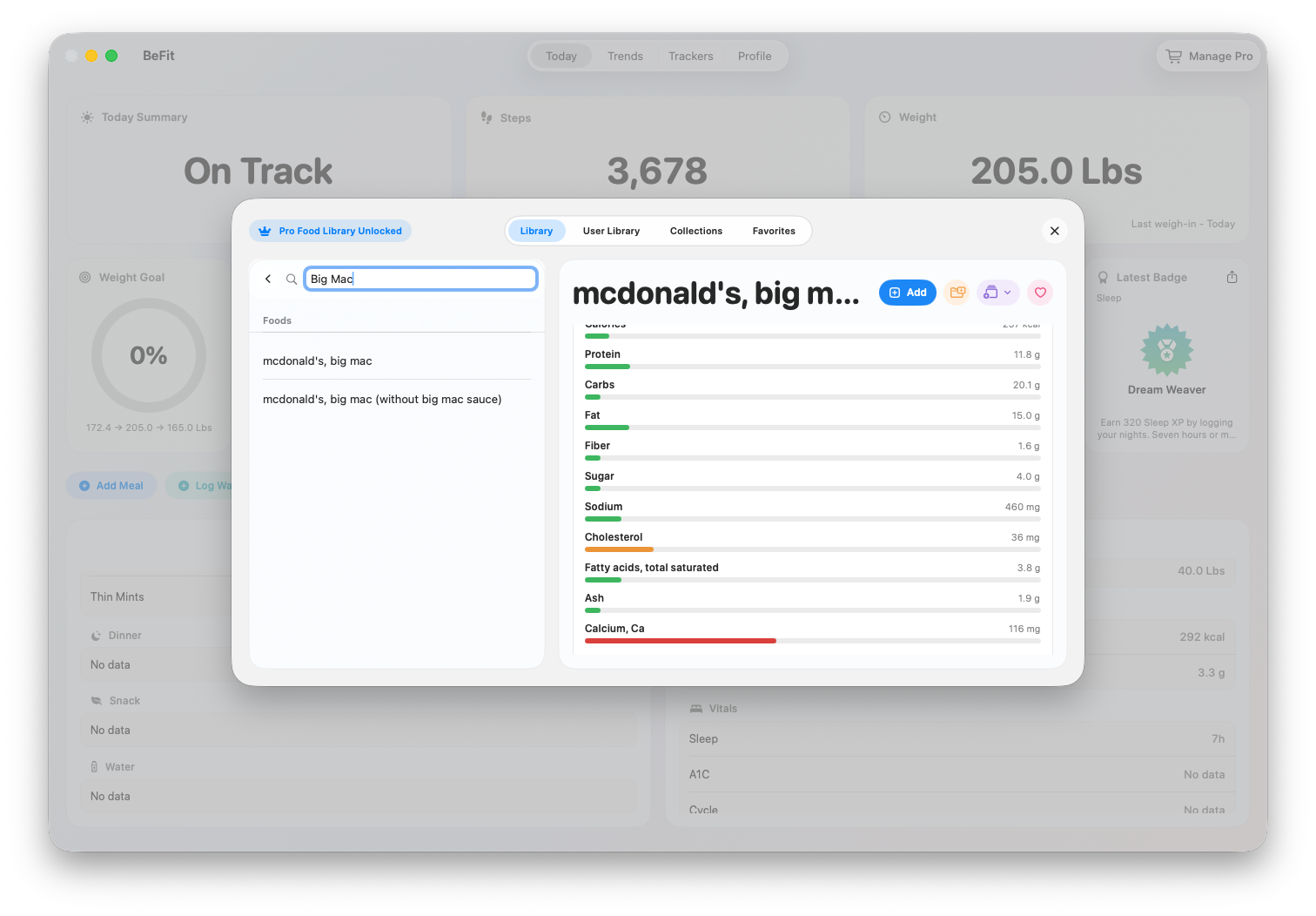 Food source, serving, and nutrition detail on Mac