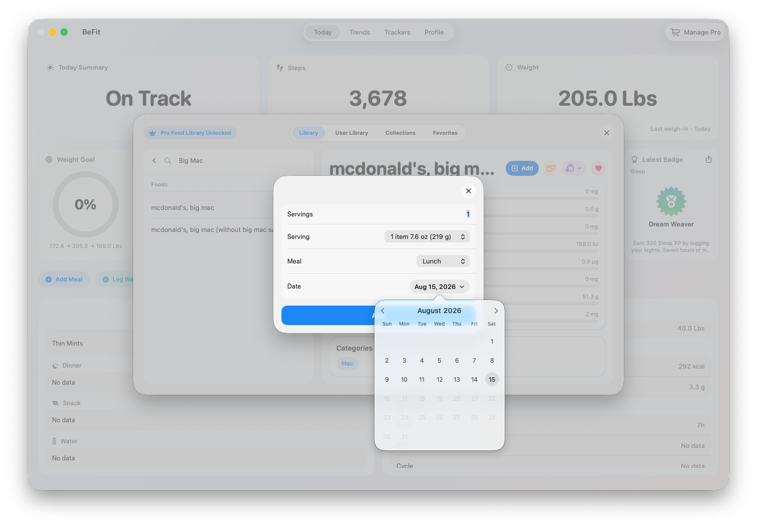 Food Log date control on Mac