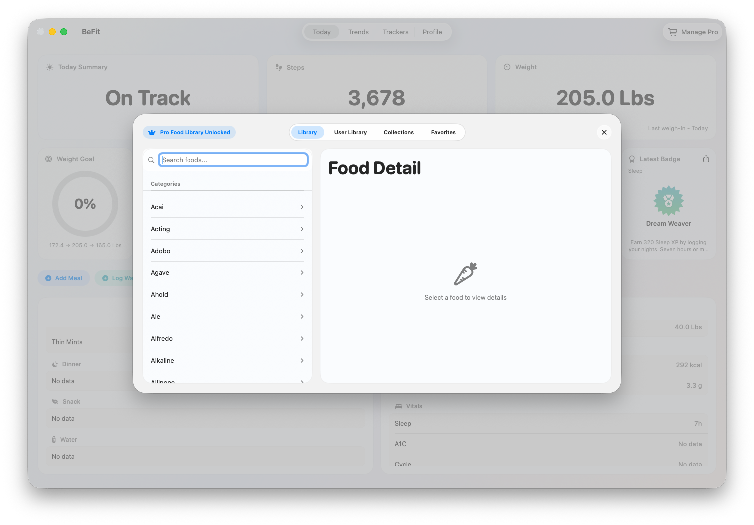 Food Library search results on Mac
