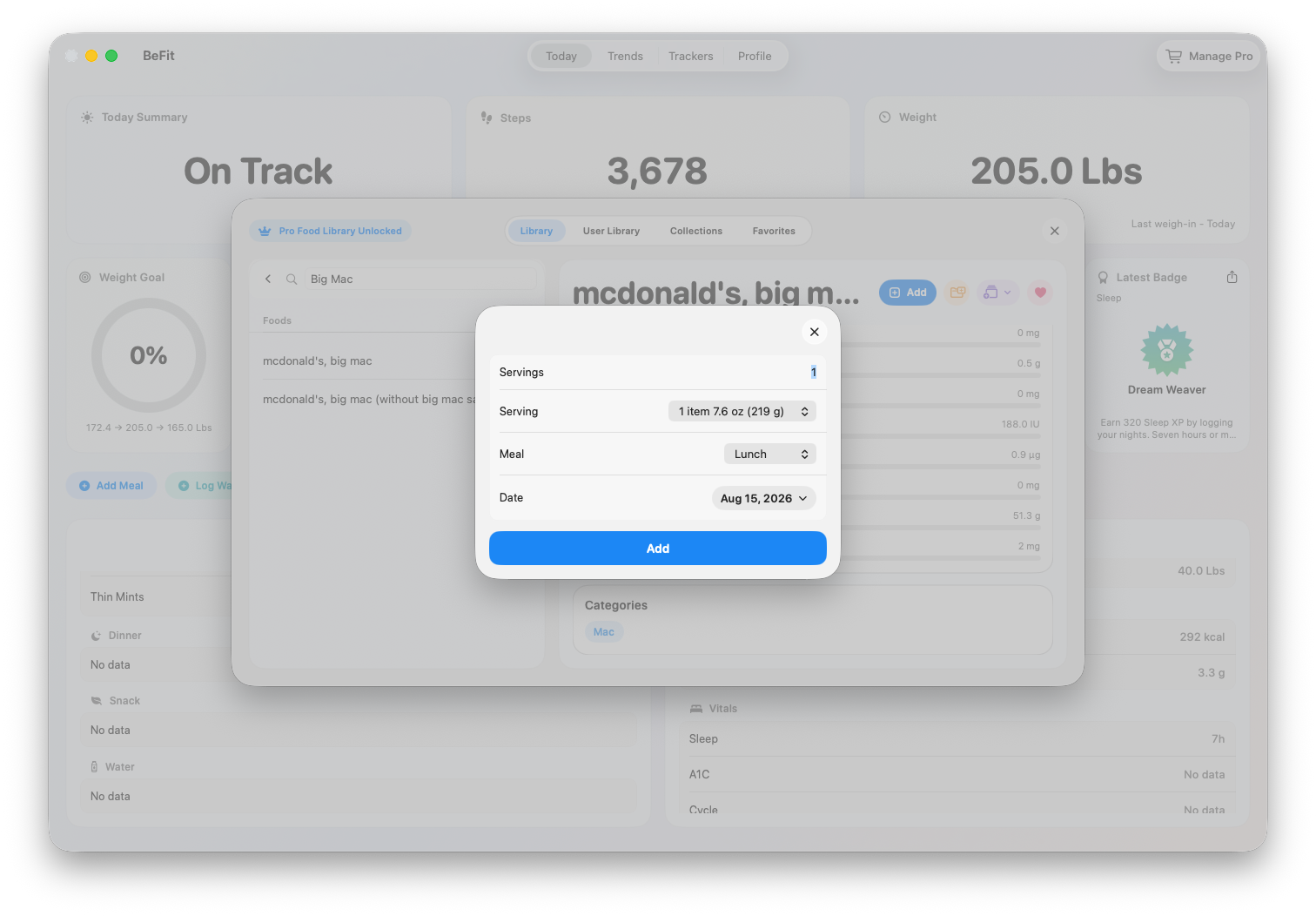 Food serving choices on Mac
