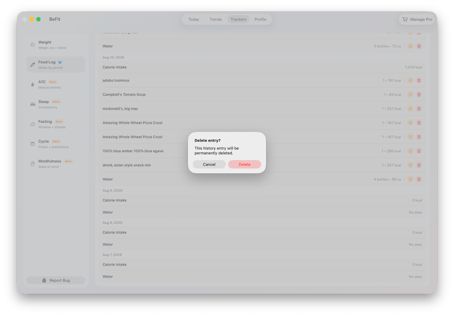 Delete a food log entry on Mac