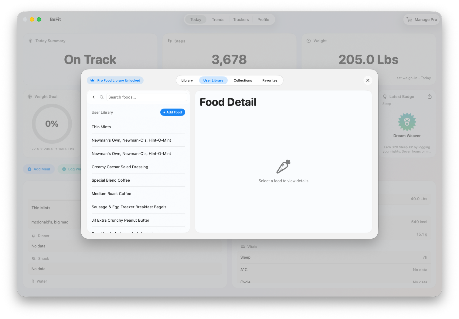 User Food Library on Mac