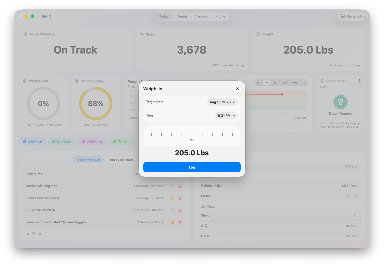 Weight entry control on Mac