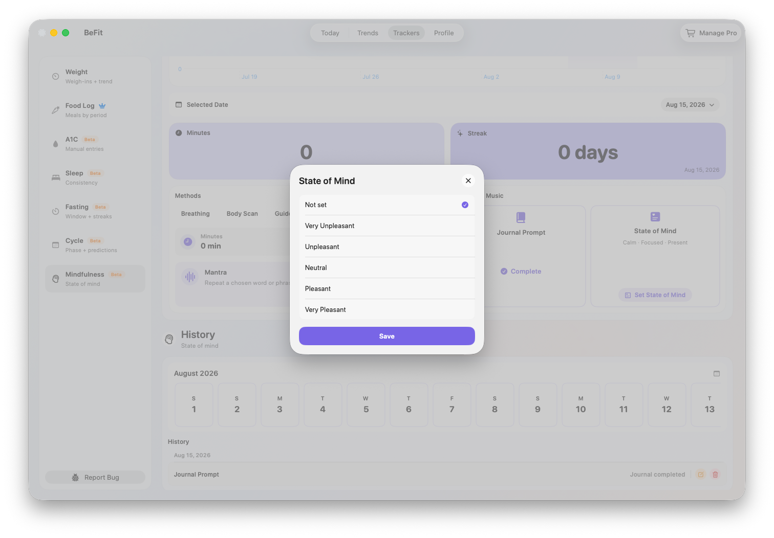 Mindfulness State of Mind selection on Mac