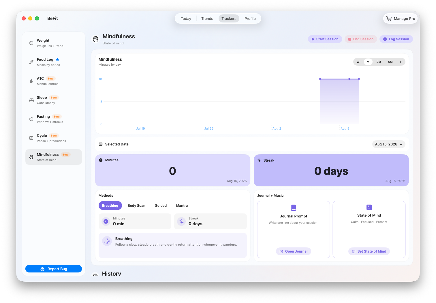Mindfulness tracker with methods, daily context, and history on Mac
