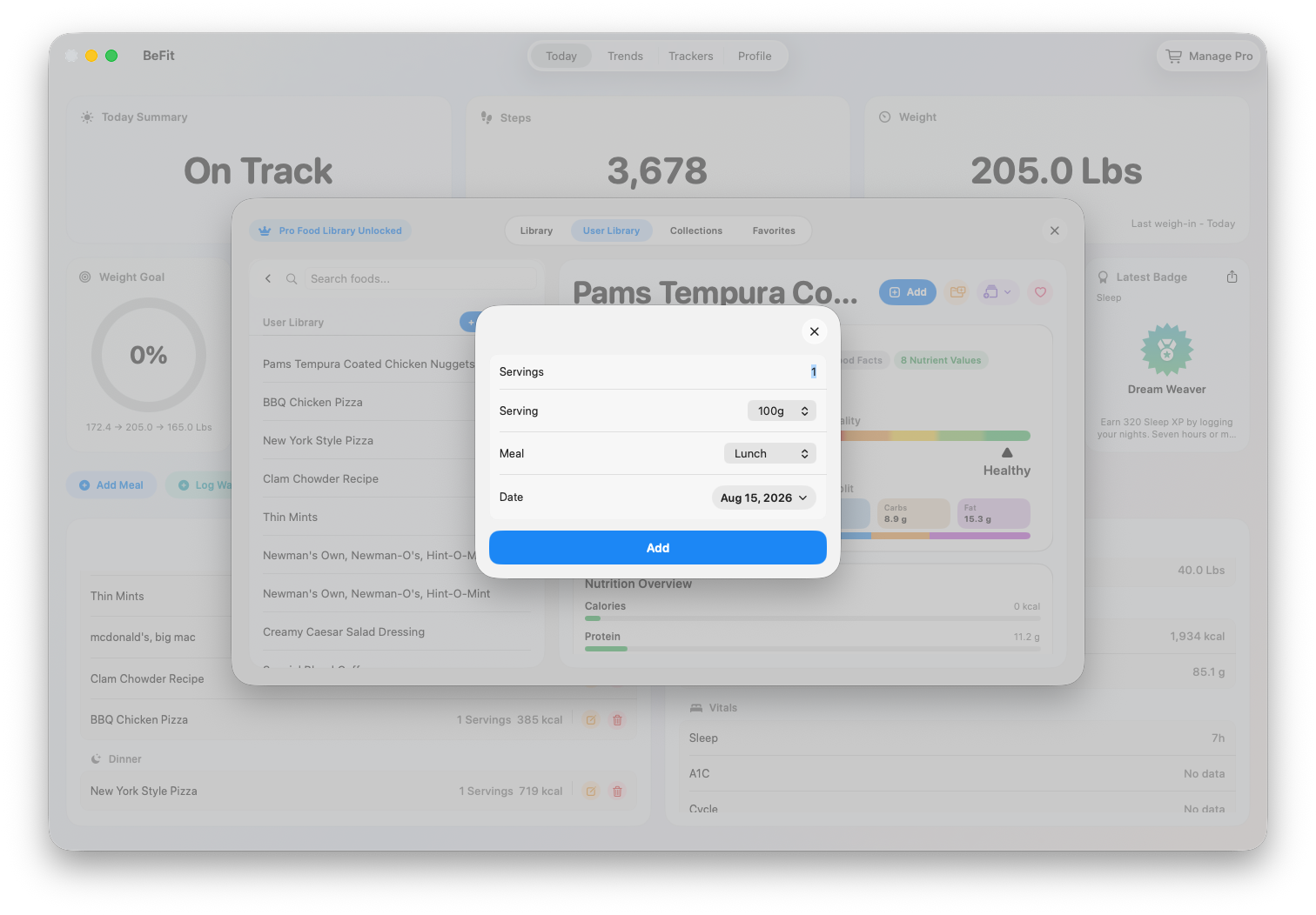 Serving selection for an Open Food Facts food on Mac