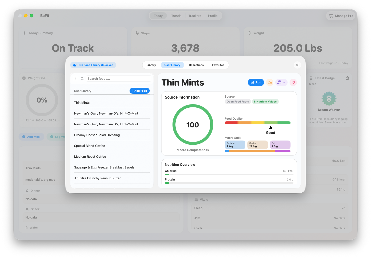 User Library food source and nutrition detail on Mac