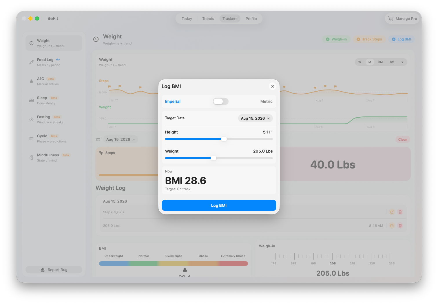 Log BMI control in the Mac Weight tracker