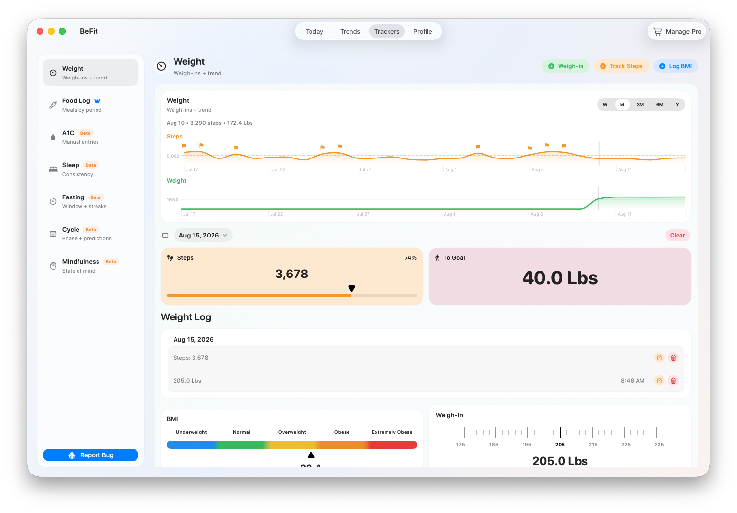 Current weight, target, date, and tracker actions on Mac