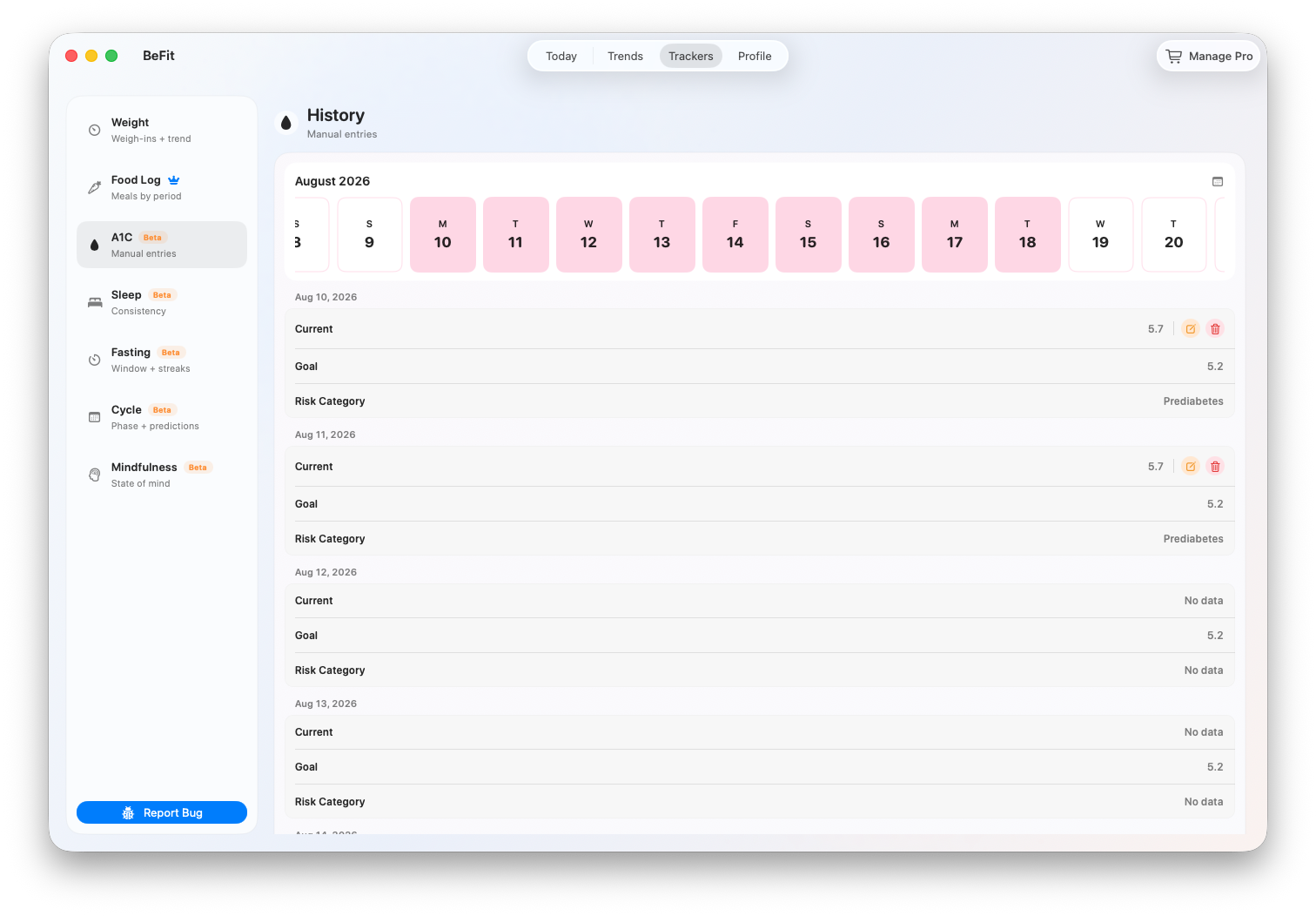 A1C chart, calendar, goal comparison, risk category, and history on Mac