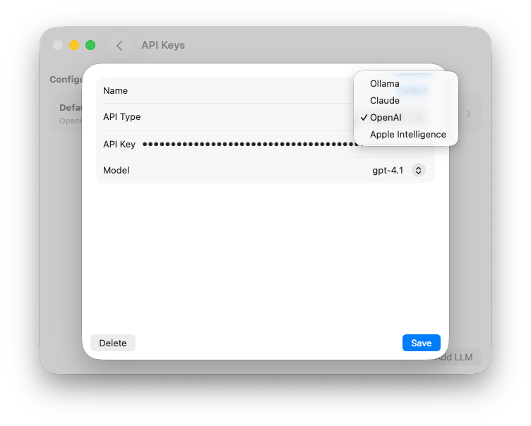 AI provider choices in BeFit Tracker Settings on Mac
