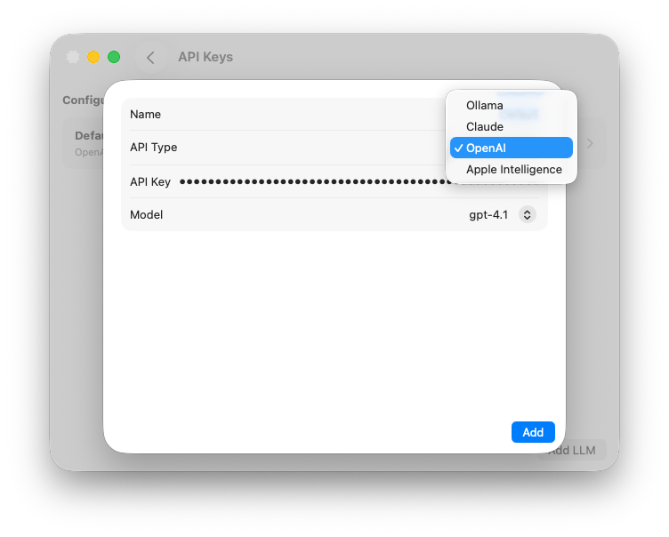 Apple Intelligence selected as an AI connection in BeFit Tracker on Mac