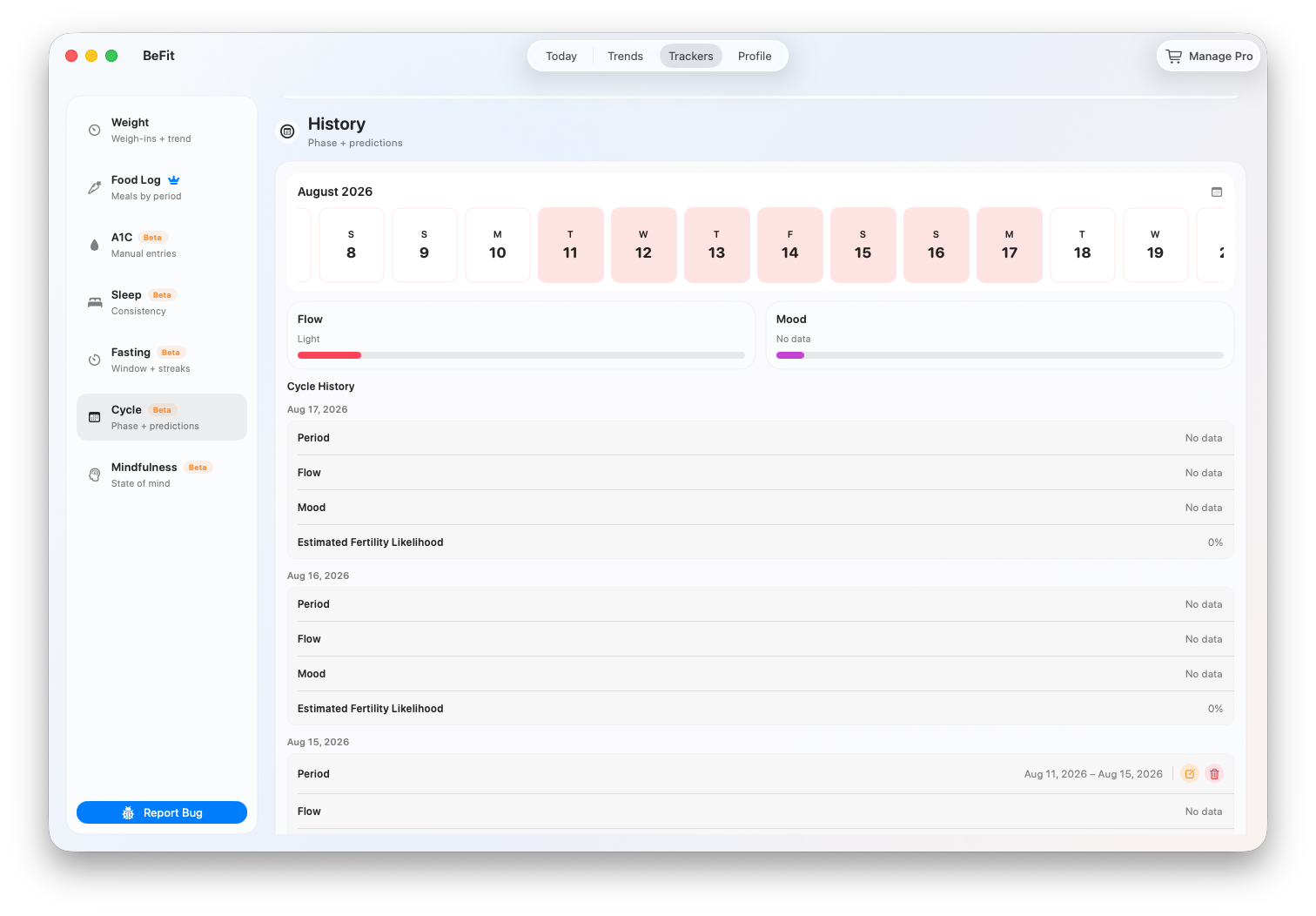 Cycle prediction and history overview on Mac