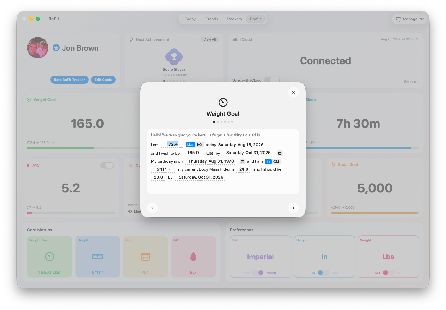 Weight Goal creation sheet in BeFit Tracker on Mac