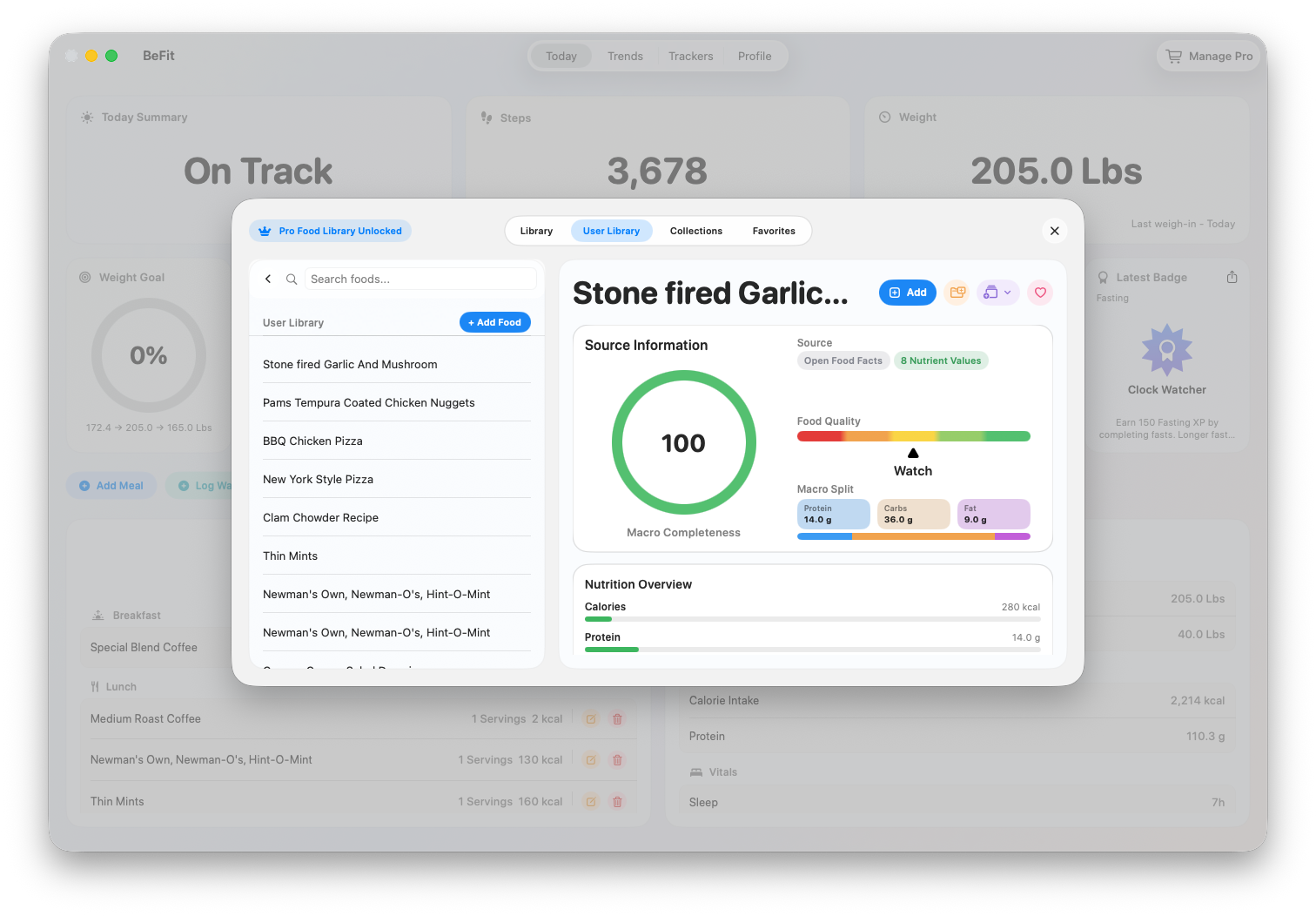 Imported Open Food Facts food in BeFit Tracker on Mac