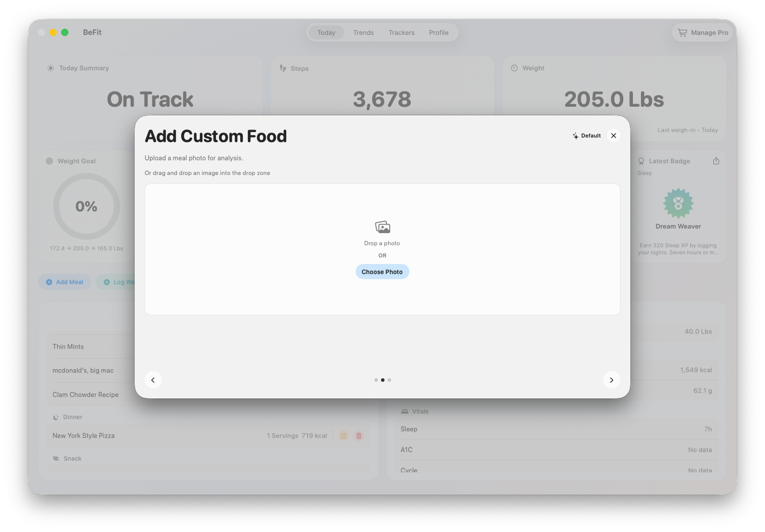 Photo-assisted food entry in BeFit Tracker on Mac