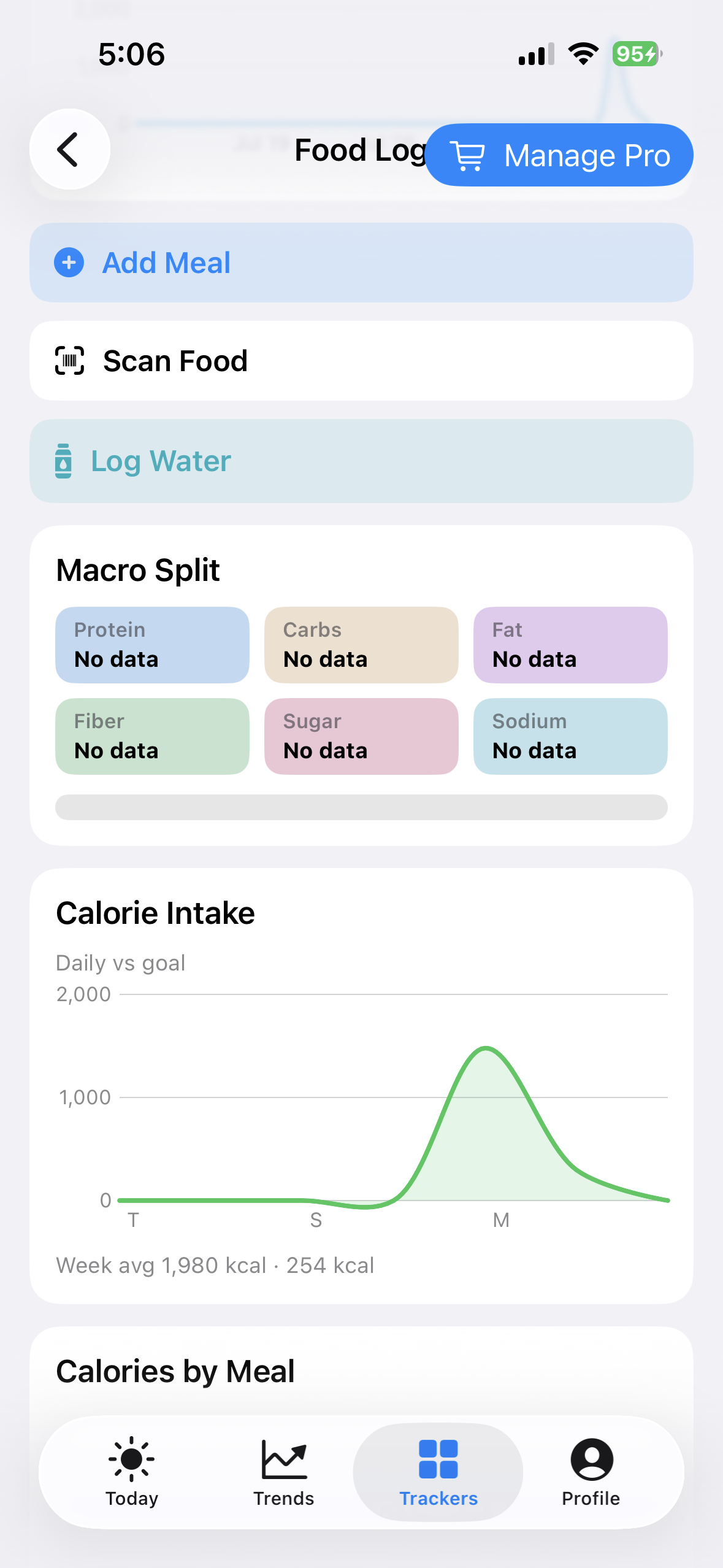 BeFit Tracker food logging screen with meal, barcode, water, macro, and calorie tools