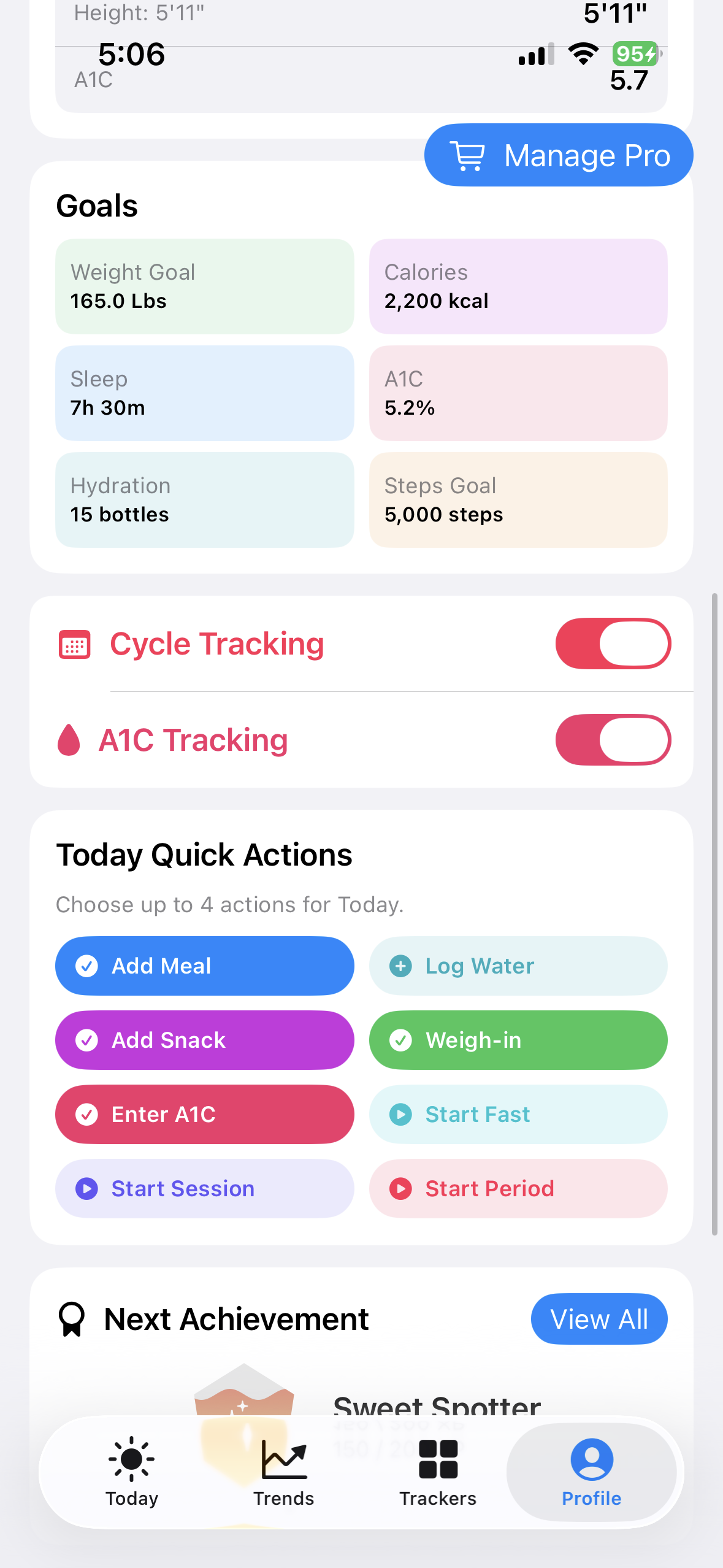 BeFit Tracker goals, enabled trackers, quick actions, and achievements