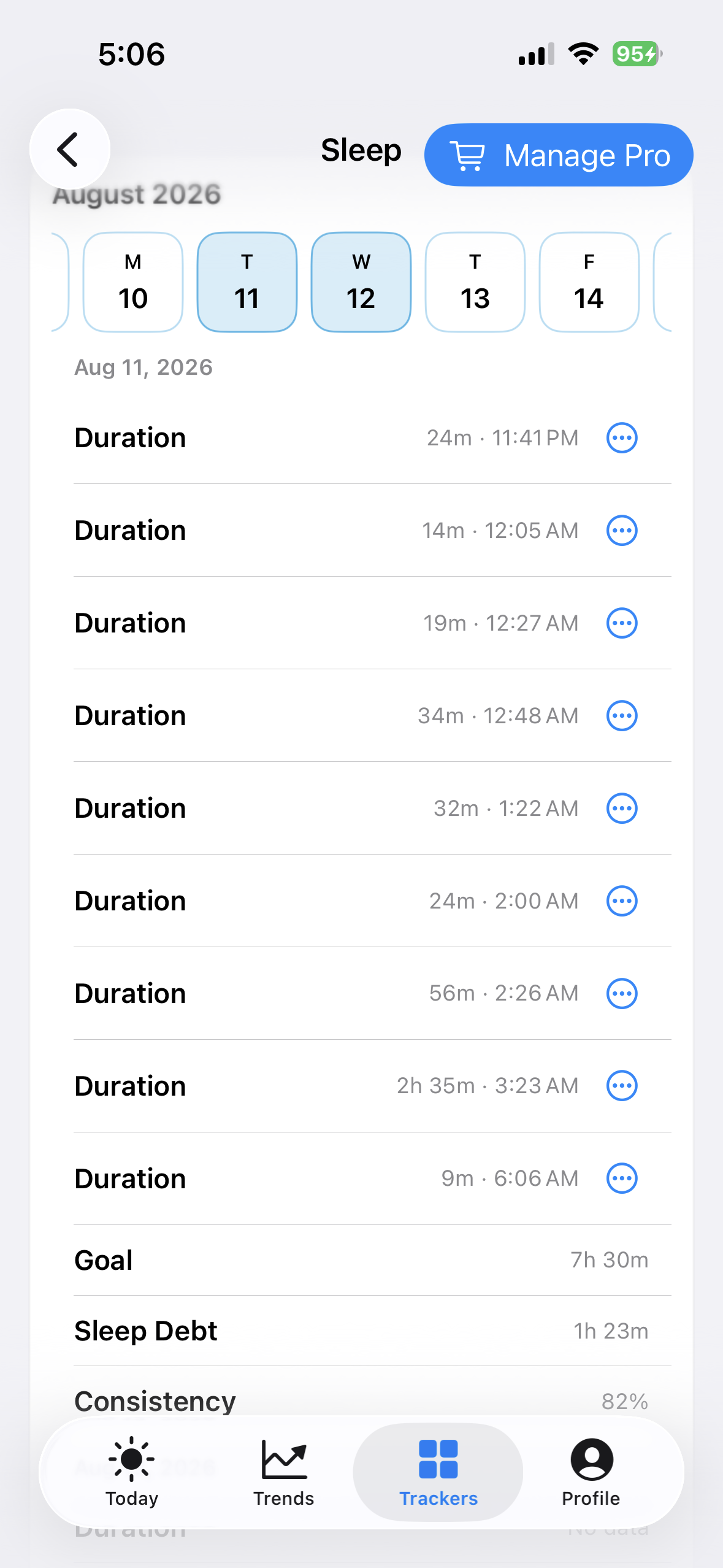 BeFit Tracker Sleep history with dated records and progress context