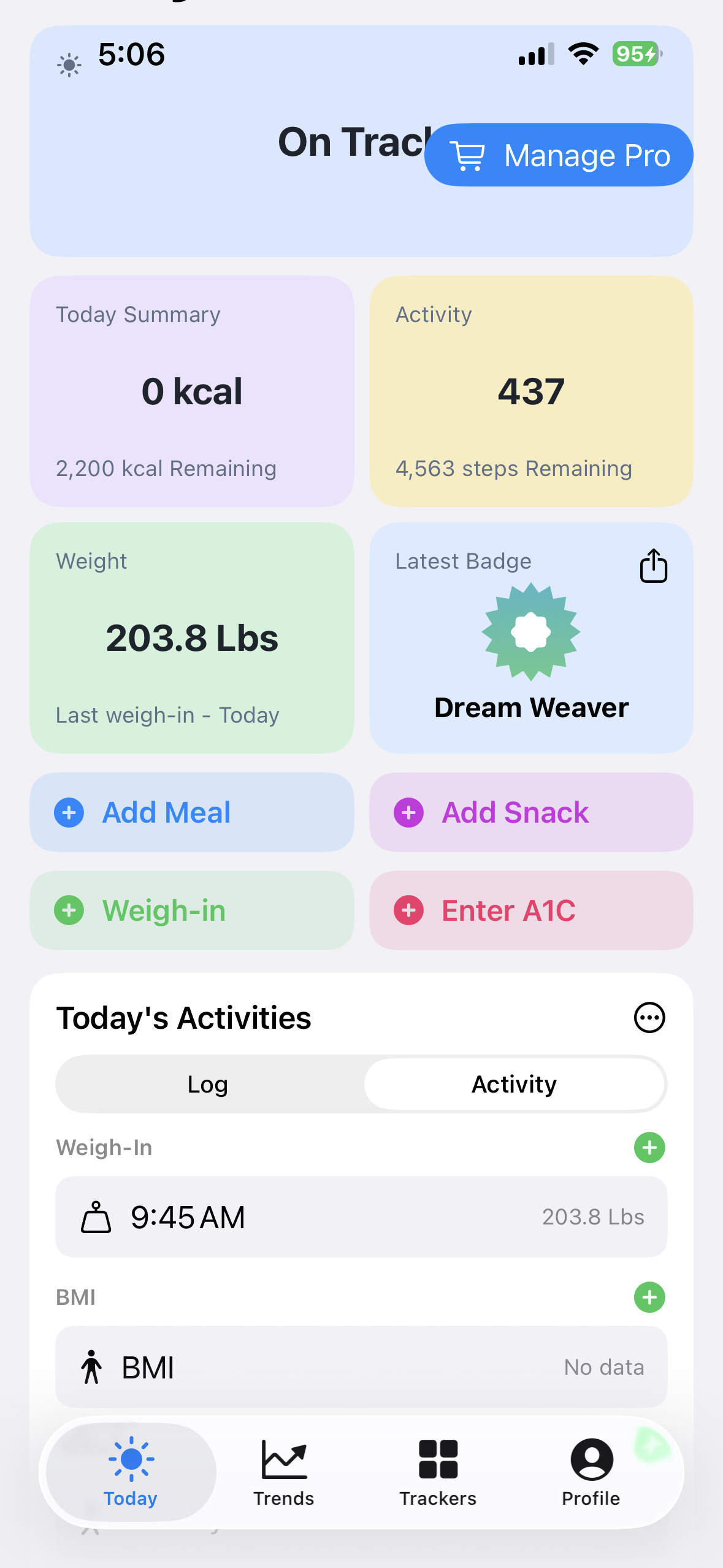 BeFit Tracker Today screen with current progress and activity