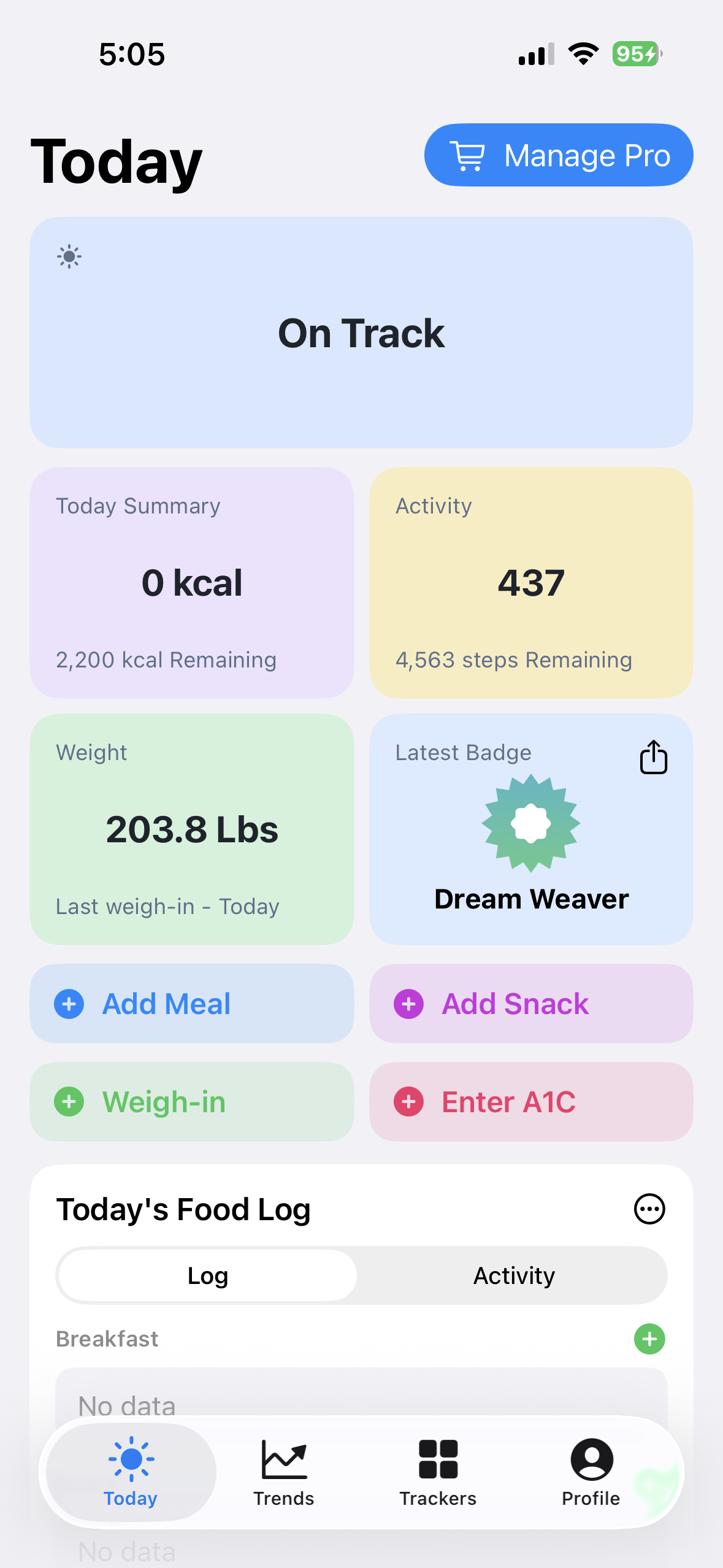BeFit Tracker Today screen showing daily progress, activity, weight, achievements, quick actions, and the food log on iPhone