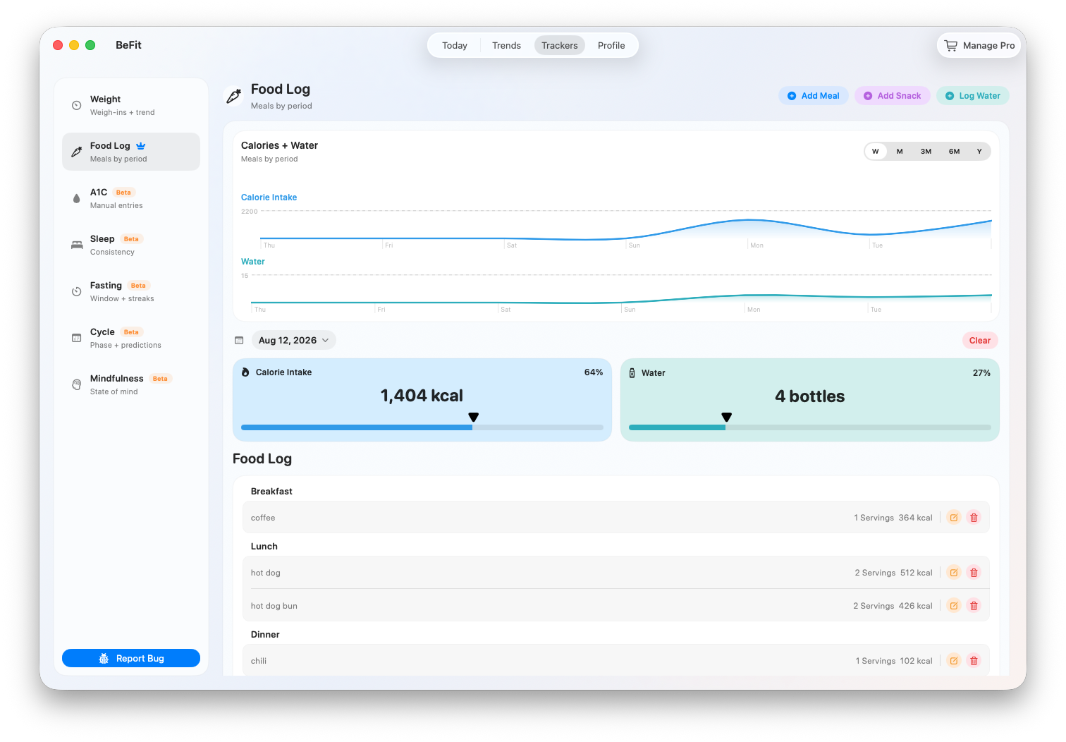 BeFit Tracker food log on Mac