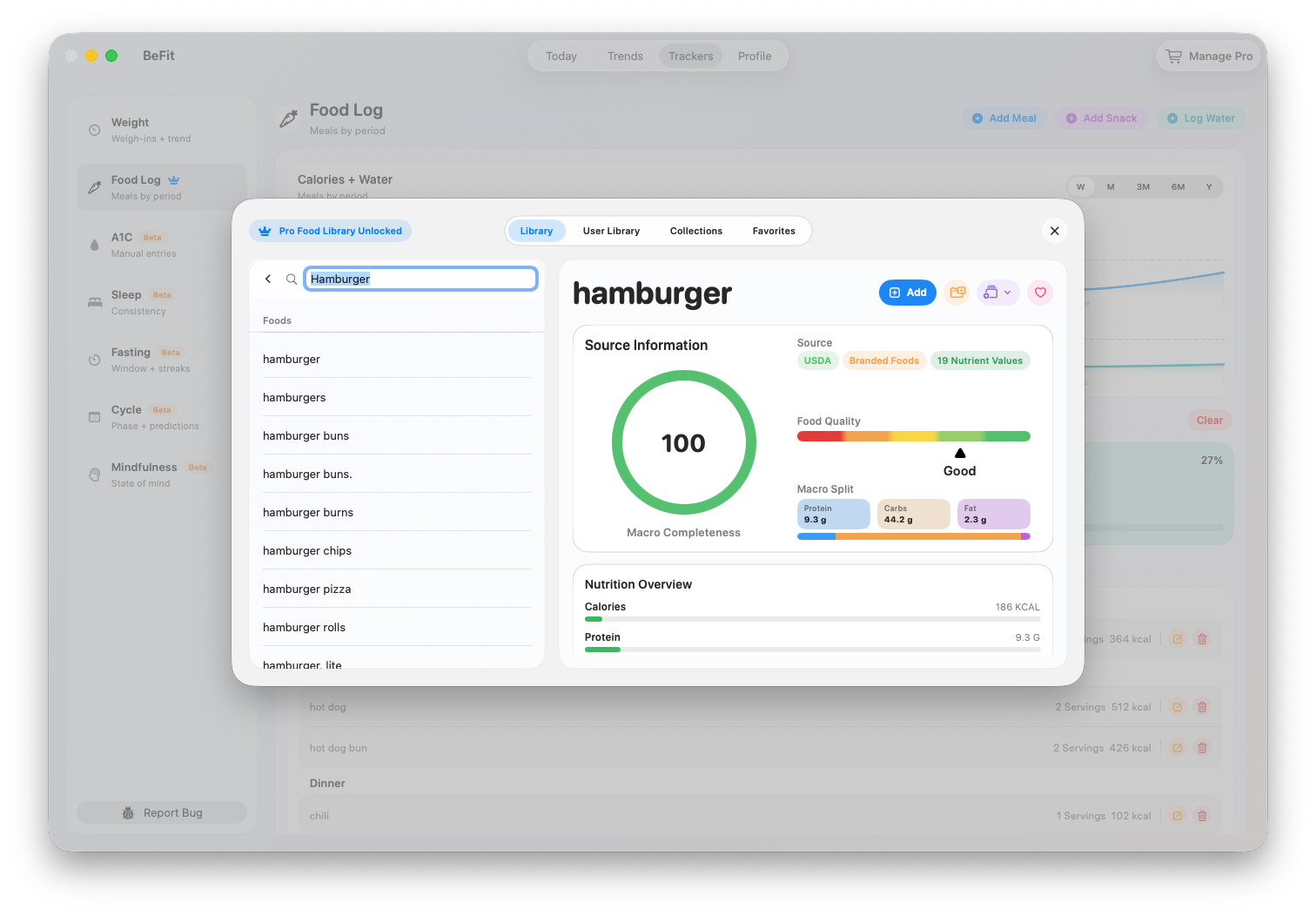 BeFit Tracker food search and source detail on Mac