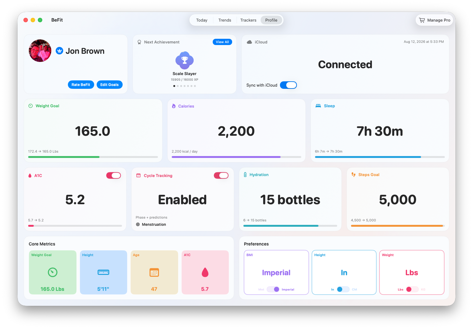 BeFit Tracker profile, goals, preferences, and iCloud Sync on Mac