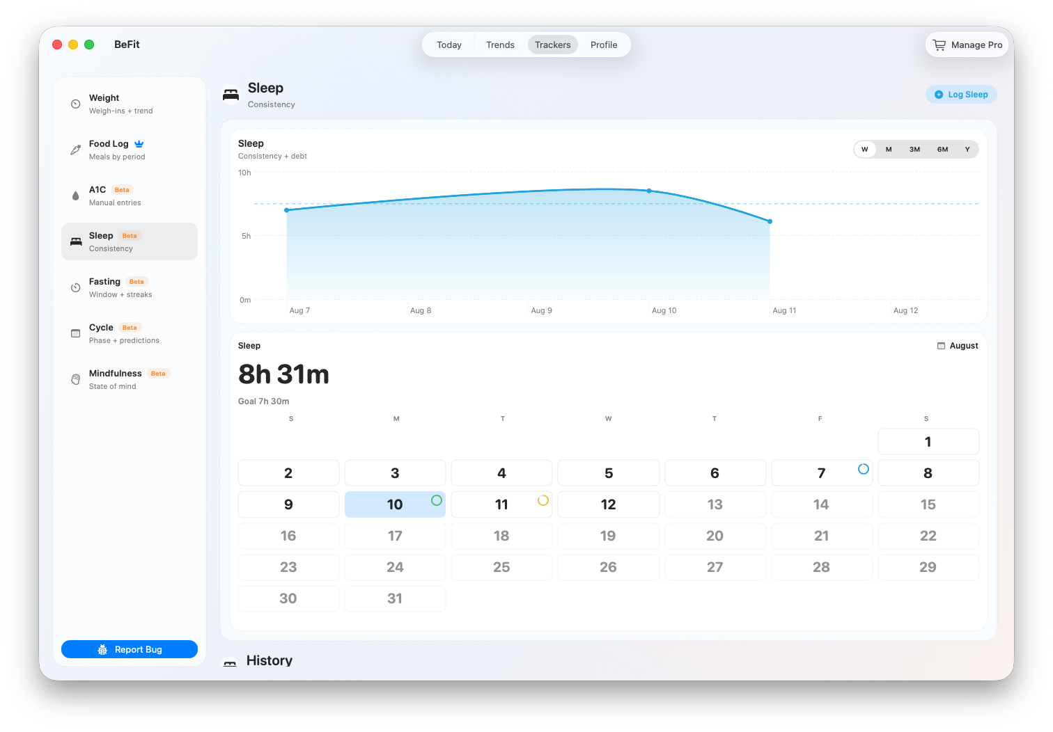 BeFit Tracker sleep history on Mac