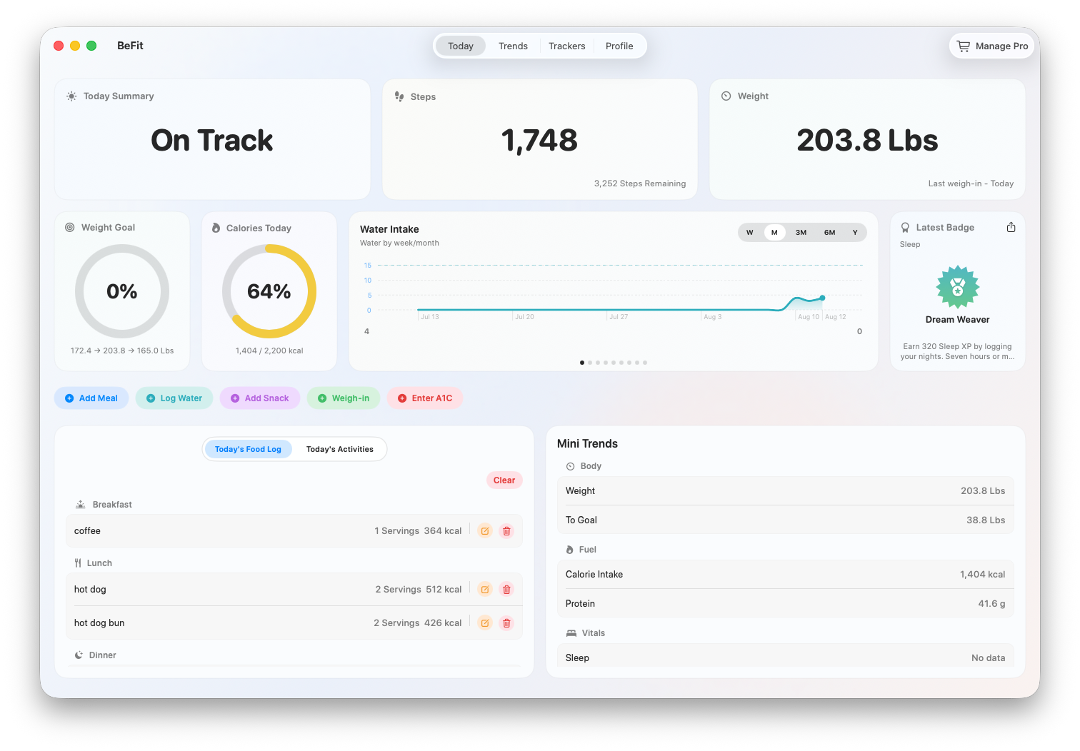 BeFit Tracker Today dashboard on Mac