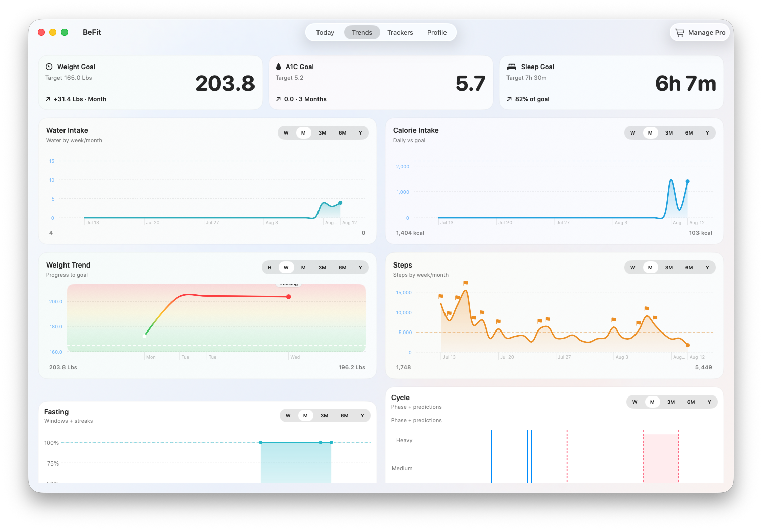 BeFit Tracker Trends dashboard on Mac