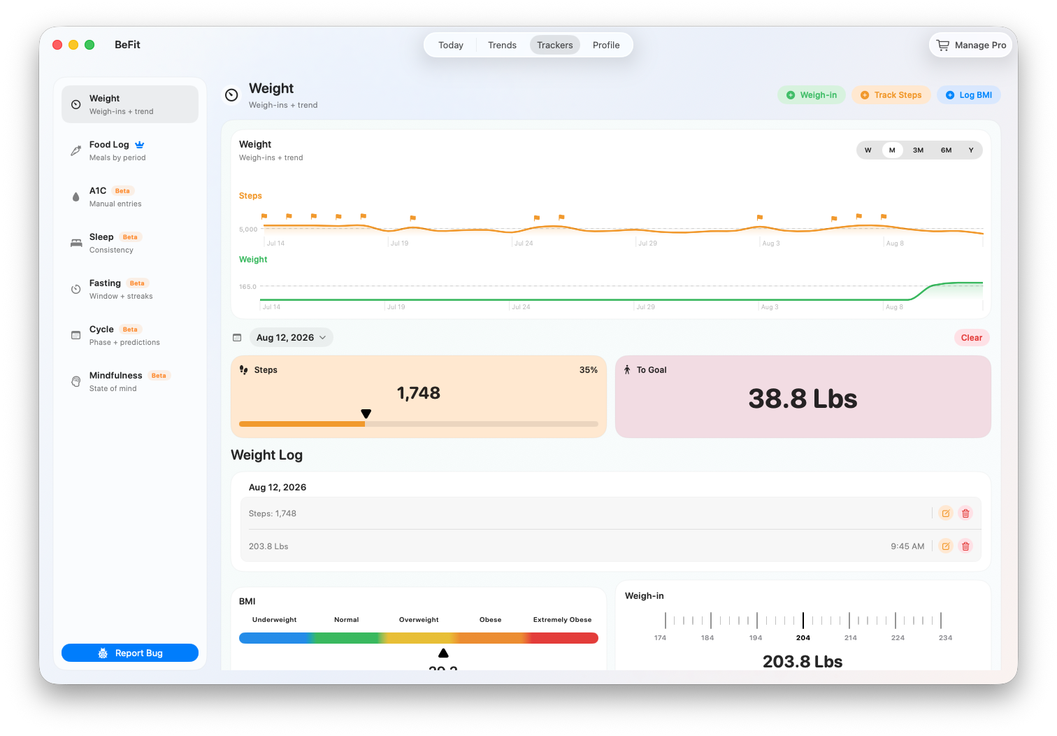 BeFit Tracker weight history on Mac